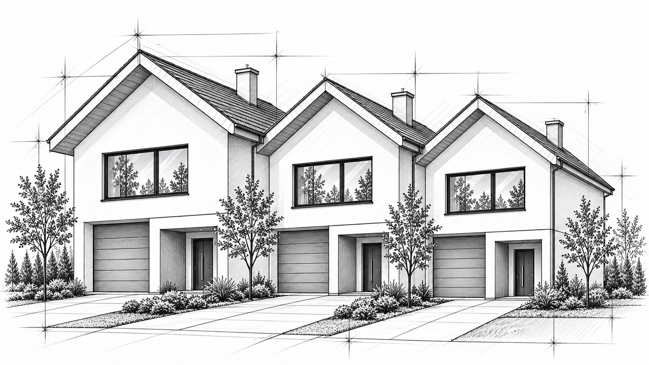 Szkic architektoniczny zabudowy szeregowej: trzy segmenty z dwuspadowymi dachami, garażami i osobnymi wejściami