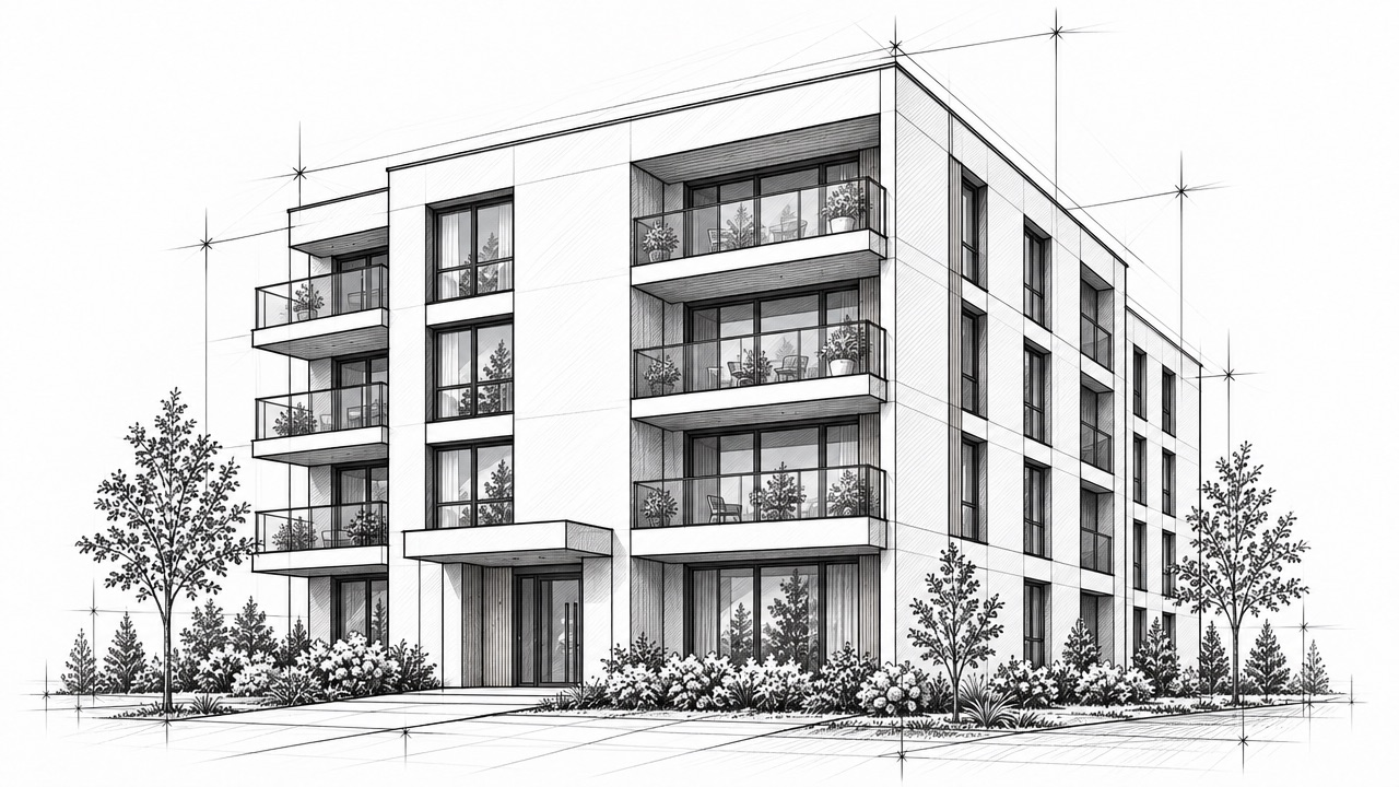 Szkic architektoniczny czterokondygnacyjnego budynku wielorodzinnego z balkonami i zadaszonym wejściem